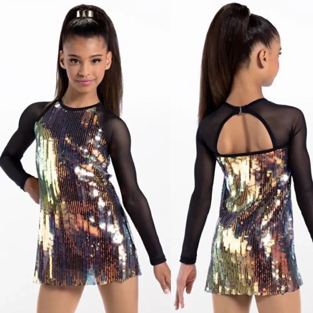 WEISSMAN Dance Costume shift dress Long sleeve black gold sequin Cool 14452 XLC